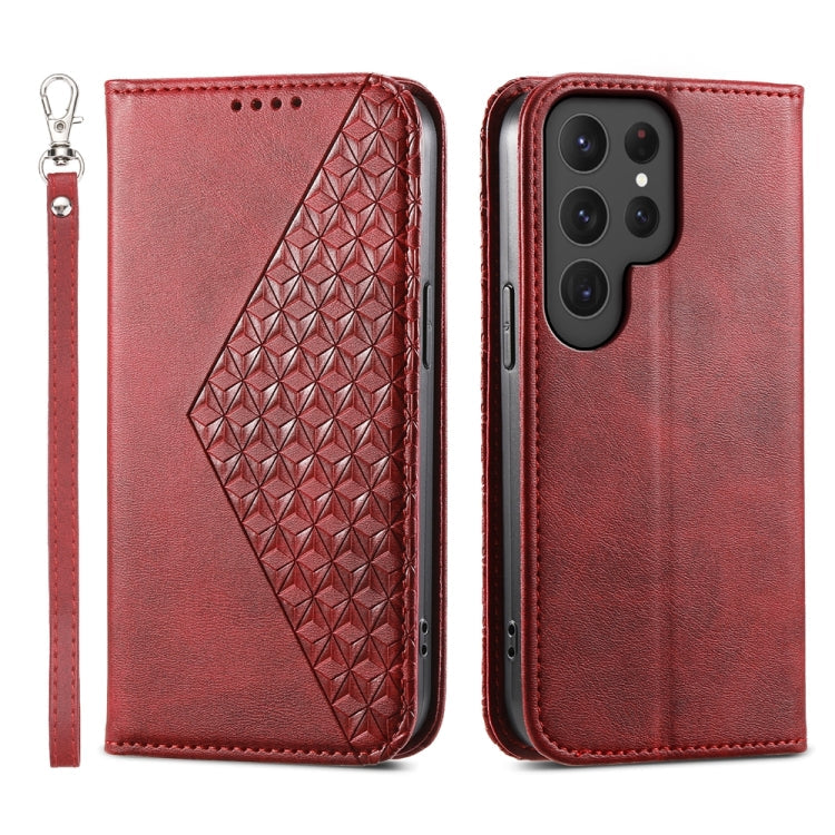 Frendorf | Für Samsung Galaxy S24 Ultra 5G Kubisches Gitter Kalbsleder Magnetische Leder Handyhülle (Rot)