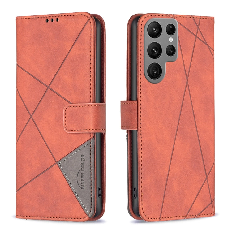 Frendorf | Für Samsung Galaxy S24 Ultra 5G Magnetverschluss Rhombus Textur Leder Handyhülle (Braun)