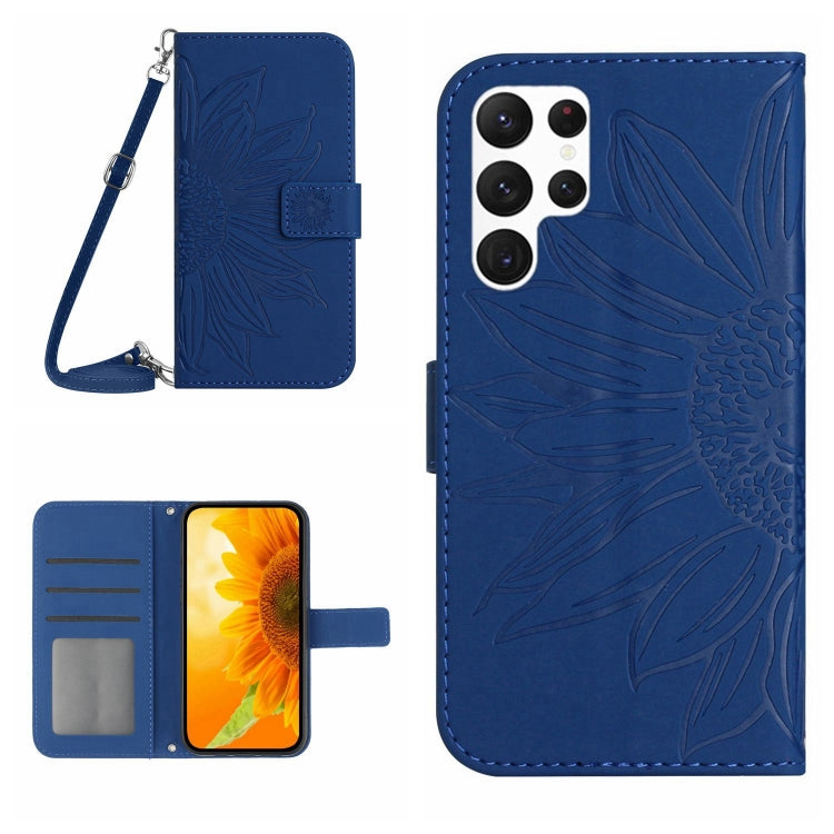 Frendorf | Für Samsung Galaxy S24 Ultra 5G Skin Feel Sun Flower Embossed Flip-Leder-Phone-Case mit Lanyard (Dunkelblau)