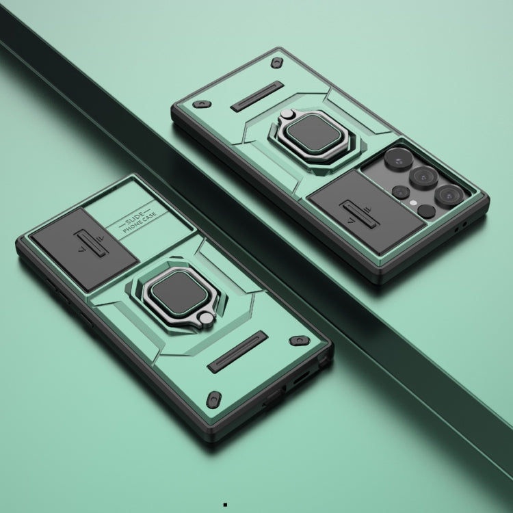 Frendorf | Für Samsung Galaxy S24 Ultra 5G Sliding Camshield TPU + PC Stoßfeste Handyhülle mit Halter (Grün)