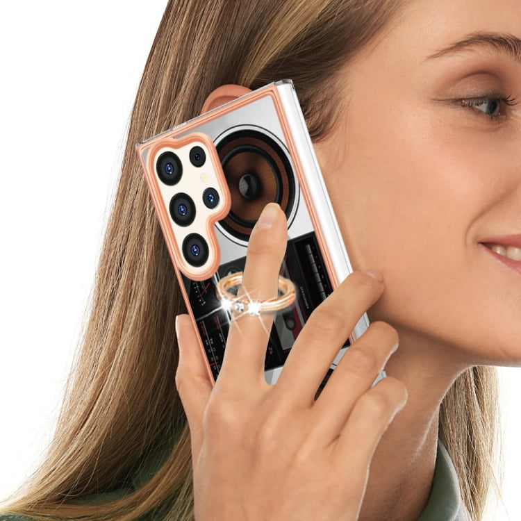 Frendorf | Für Samsung Galaxy S24 Ultra 5G Elektropolierte Dual-Seiten IMD Handyhülle mit Ringhalter (Retro Radio)