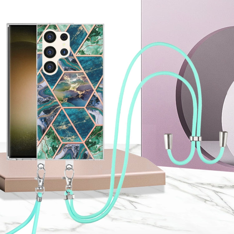 Frendorf | Für Samsung Galaxy S24 Ultra 5G Elektroplattierung IMD Splicing Dual-Seite Marmor TPU Handyhülle mit Lanyard (Blau Grün)