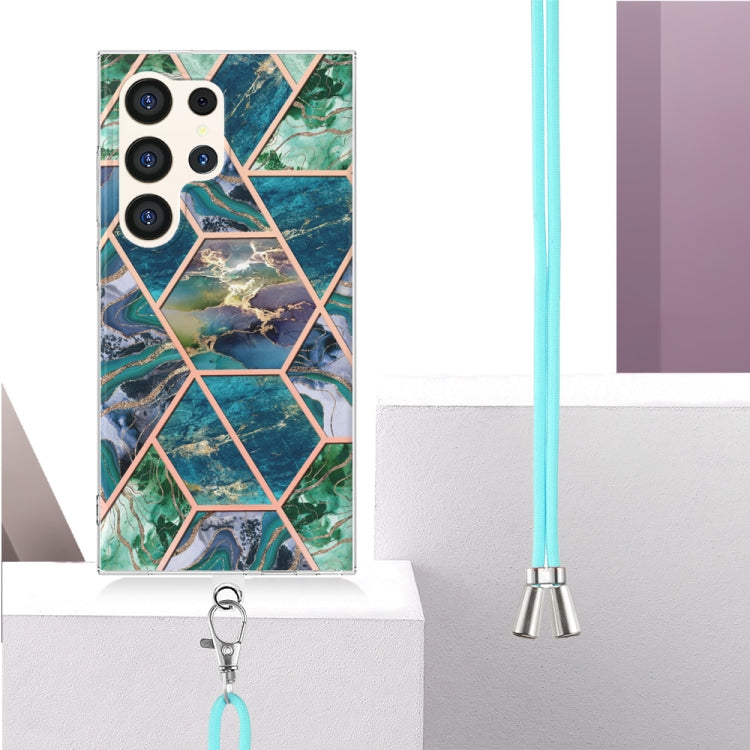 Frendorf | Für Samsung Galaxy S24 Ultra 5G Elektroplattierung IMD Splicing Dual-Seite Marmor TPU Handyhülle mit Lanyard (Blau Grün)