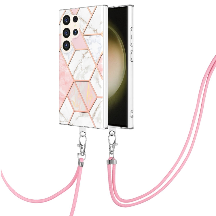 Frendorf | Für Samsung Galaxy S24 Ultra 5G Elektroplattierung IMD Splicing Dual-Seite Marmor TPU Handyhülle mit Lanyard (Rosa Weiß)