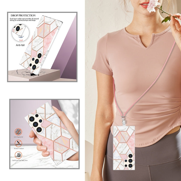 Frendorf | Für Samsung Galaxy S24 Ultra 5G Elektroplattierung IMD Splicing Dual-Seite Marmor TPU Handyhülle mit Lanyard (Rosa Weiß)