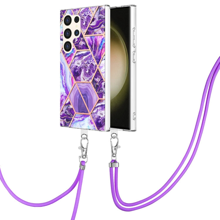 Frendorf | Für Samsung Galaxy S24 Ultra 5G Elektroplattierung IMD Splicing Dual-seitige Marmor TPU Handyhülle mit Lanyard (Dunkel lila)
