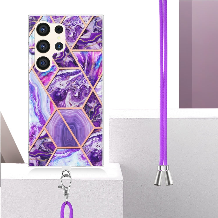 Frendorf | Für Samsung Galaxy S24 Ultra 5G Elektroplattierung IMD Splicing Dual-seitige Marmor TPU Handyhülle mit Lanyard (Dunkel lila)