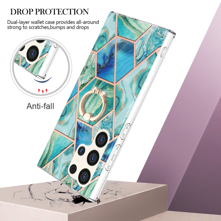 Frendorf | Für Samsung Galaxy S24 Ultra 5G Splicing Marmor Blume IMD TPU Handyhülle Ringhalter (Grün)