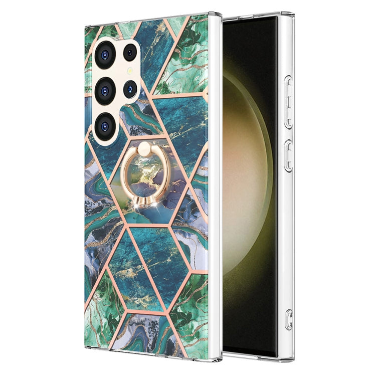 Frendorf | Für Samsung Galaxy S24 Ultra 5G Splicing Marmor Blume IMD TPU Handyhülle mit Ringhalter (Blau Grün)
