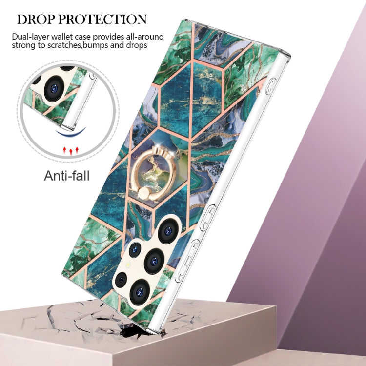 Frendorf | Für Samsung Galaxy S24 Ultra 5G Splicing Marmor Blume IMD TPU Handyhülle mit Ringhalter (Blau Grün)