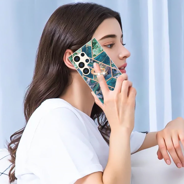 Frendorf | Für Samsung Galaxy S24 Ultra 5G Splicing Marmor Blume IMD TPU Handyhülle mit Ringhalter (Blau Grün)