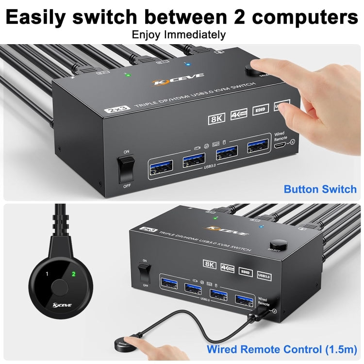 Frendorf | KC-KVM203DH 8K 30Hz USB3.0 DP+DP+HDMI Triple Monitors KVM Switch, AU Plug