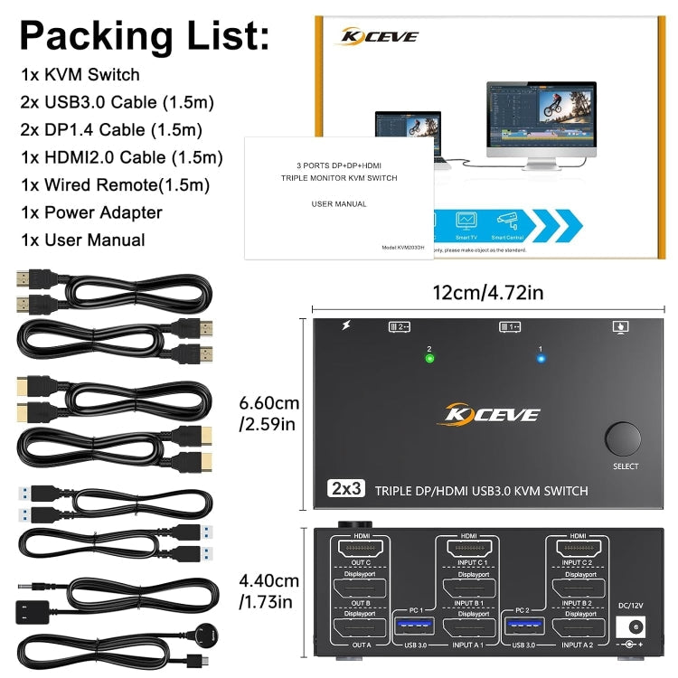 Frendorf | KC-KVM203DH 8K 30Hz USB3.0 DP+DP+HDMI Triple Monitors KVM Switch, AU Plug