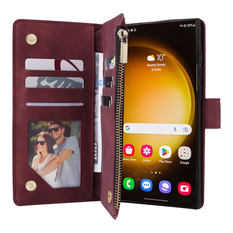 Frendorf | Für Samsung Galaxy S24 Ultra 5G Multifunktionale Frosted Reißverschluss Geldbörse Leder Handyhülle (Weinrot)