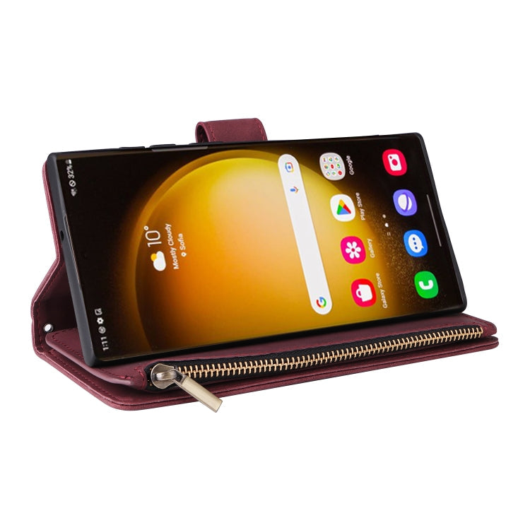 Frendorf | Für Samsung Galaxy S24 Ultra 5G Multifunktionale Frosted Reißverschluss Geldbörse Leder Handyhülle (Weinrot)