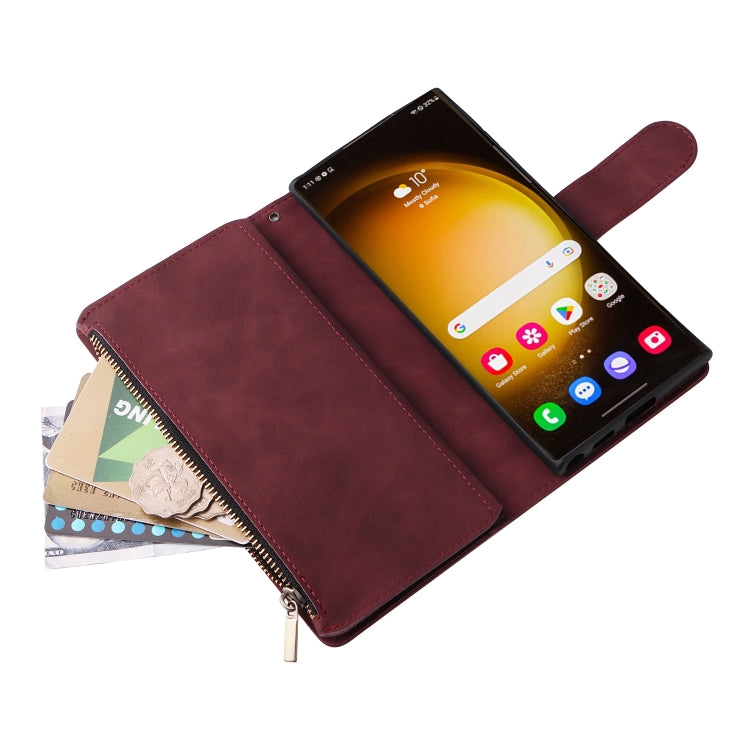 Frendorf | Für Samsung Galaxy S24 Ultra 5G Multifunktionale Frosted Reißverschluss Geldbörse Leder Handyhülle (Weinrot)