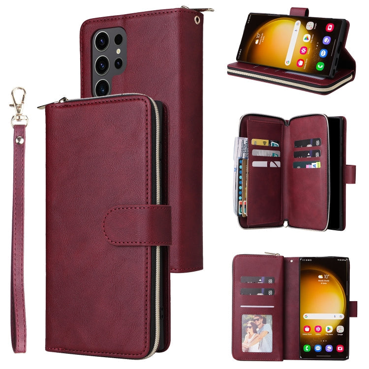 Frendorf | Für Samsung Galaxy S24 Ultra 5G 9-Karten Steckplätze Reißverschluss Brieftasche Tasche Leder Handyhülle (Weinrot)