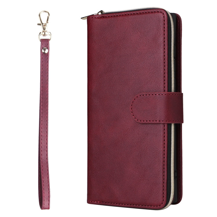 Frendorf | Für Samsung Galaxy S24 Ultra 5G 9-Karten Steckplätze Reißverschluss Brieftasche Tasche Leder Handyhülle (Weinrot)