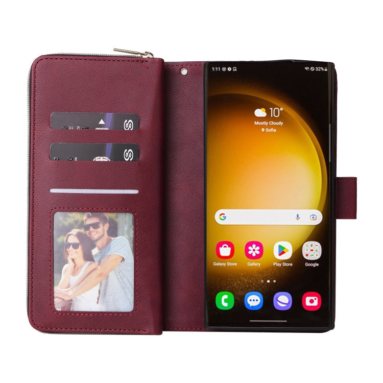 Frendorf | Für Samsung Galaxy S24 Ultra 5G 9-Karten Steckplätze Reißverschluss Brieftasche Tasche Leder Handyhülle (Weinrot)