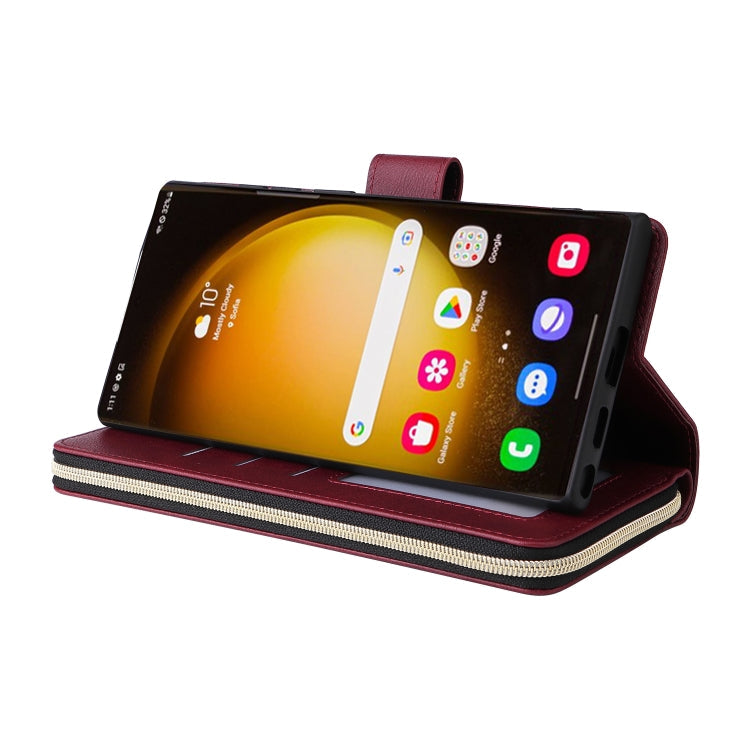 Frendorf | Für Samsung Galaxy S24 Ultra 5G 9-Karten Steckplätze Reißverschluss Brieftasche Tasche Leder Handyhülle (Weinrot)