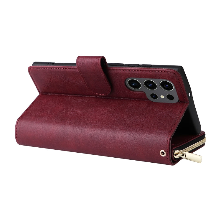 Frendorf | Für Samsung Galaxy S24 Ultra 5G 9-Karten Steckplätze Reißverschluss Brieftasche Tasche Leder Handyhülle (Weinrot)