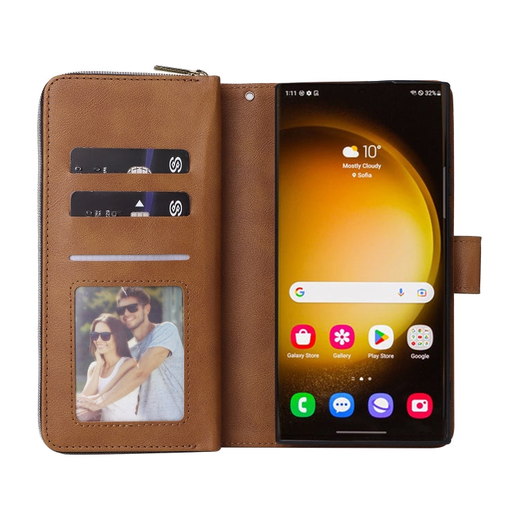 Frendorf | Für Samsung Galaxy S24 Ultra 5G 9-Kartenfächer Reißverschluss Geldbörse Tasche Leder Handyhülle (Braun)