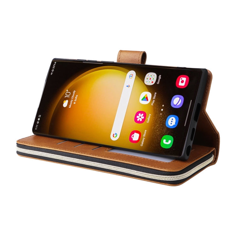 Frendorf | Für Samsung Galaxy S24 Ultra 5G 9-Kartenfächer Reißverschluss Geldbörse Tasche Leder Handyhülle (Braun)