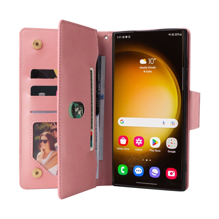 Frendorf | Für Samsung Galaxy S24 Ultra 5G Nieten Schnalle 9 Karten 3-Falt Geldbörse Leder Handyhülle (Roségold)