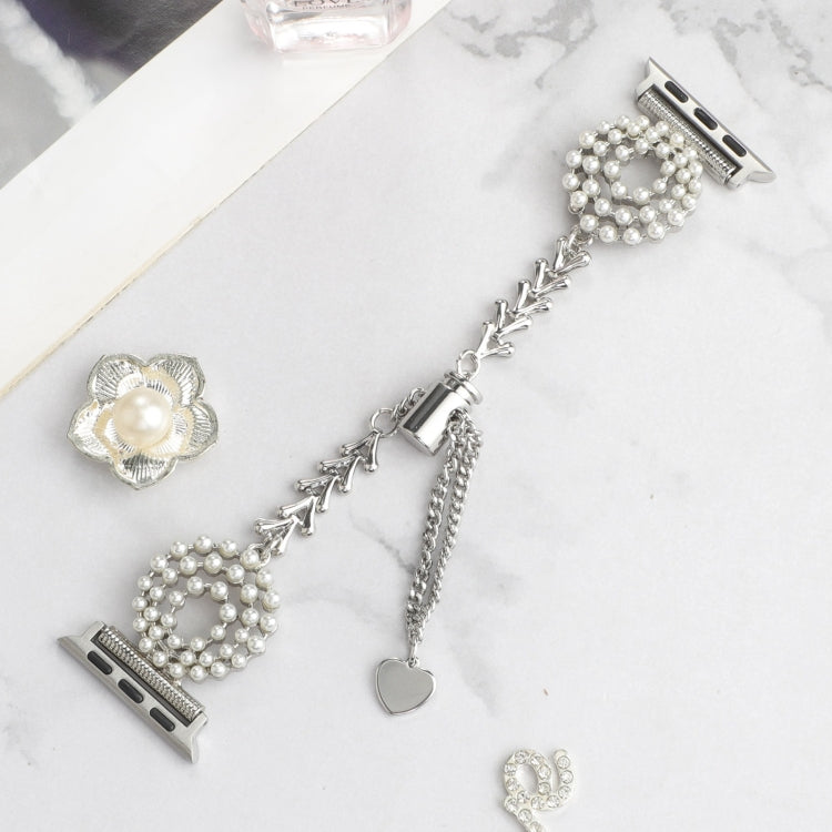 Frerndorf | Für Apple Watch Series 8 45mm Perle Runde Zinklegierung Kette Metall Uhr Band (Silber)