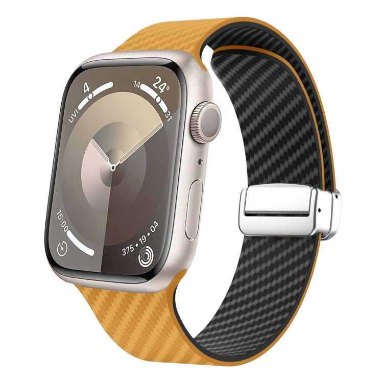 Frerndorf | Für Apple Watch Series 9 45mm Carbonfaser Magnetische Silber Schnalle Uhr Band (Hellbraun Schwarz)