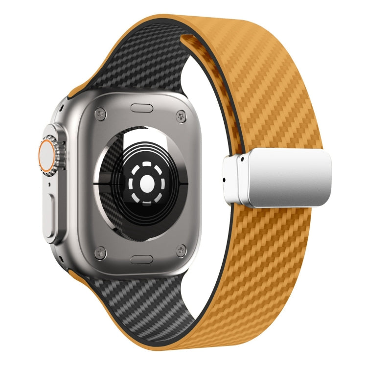 Frerndorf | Für Apple Watch Series 9 45mm Carbonfaser Magnetische Silber Schnalle Uhr Band (Hellbraun Schwarz)