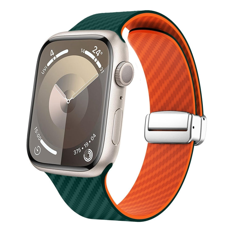 Frendorf | Für Apple Watch SE 2022 40mm Carbonfaser Magnetische Silbergürtel Uhrband (Dunkelgrün Orange)
