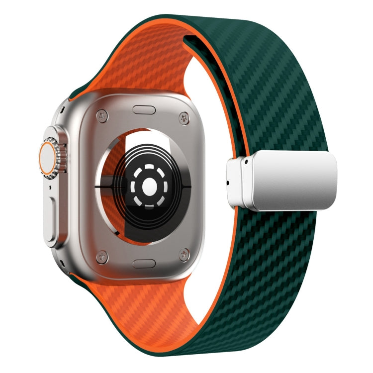 Frendorf | Für Apple Watch SE 2022 40mm Carbonfaser Magnetische Silbergürtel Uhrband (Dunkelgrün Orange)
