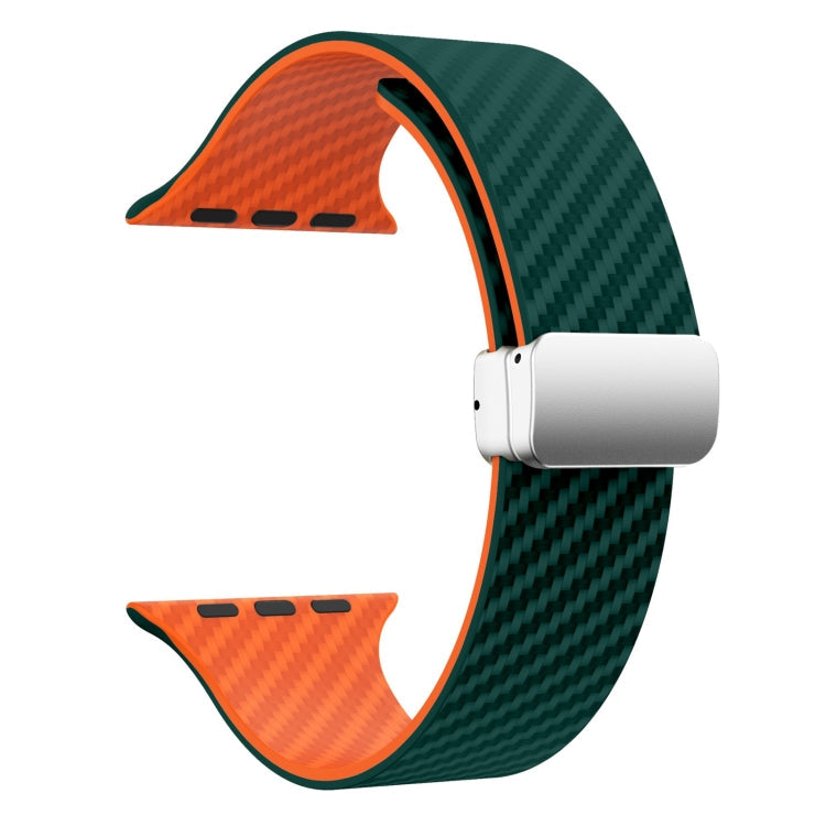 Frendorf | Für Apple Watch SE 2022 40mm Carbonfaser Magnetische Silbergürtel Uhrband (Dunkelgrün Orange)