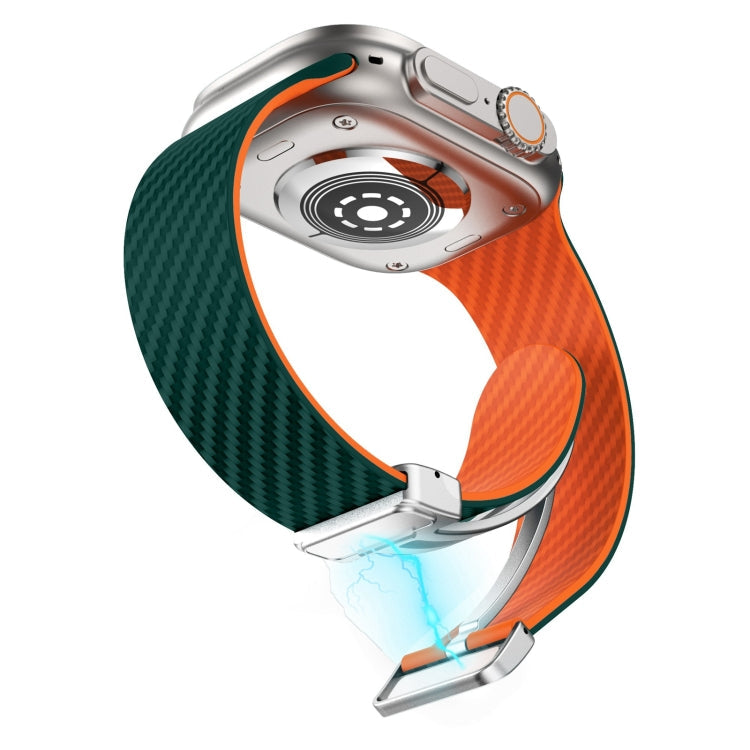 Frendorf | Für Apple Watch SE 2022 40mm Carbonfaser Magnetische Silbergürtel Uhrband (Dunkelgrün Orange)