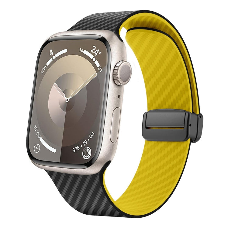 Frendorf | Für Apple Watch SE 2022 44mm Carbonfaser Magnet Schwarz Schnalle Armband (Schwarz Gelb)