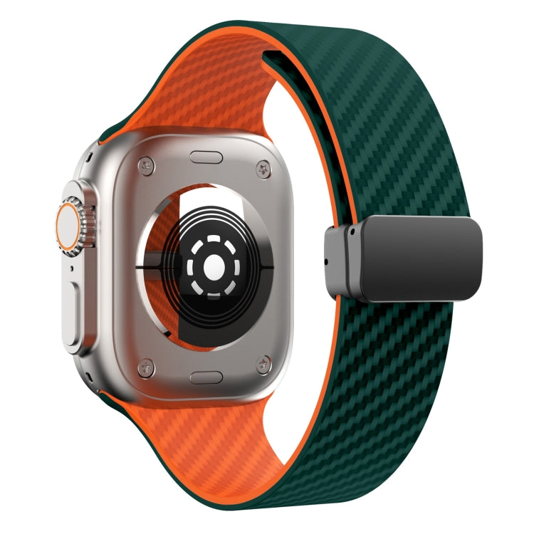 Frendorf | Für Apple Watch Series 5 44 mm Carbonfaser Magnet Schwarz Schnalle Armband (Dunkelgrün Orange)