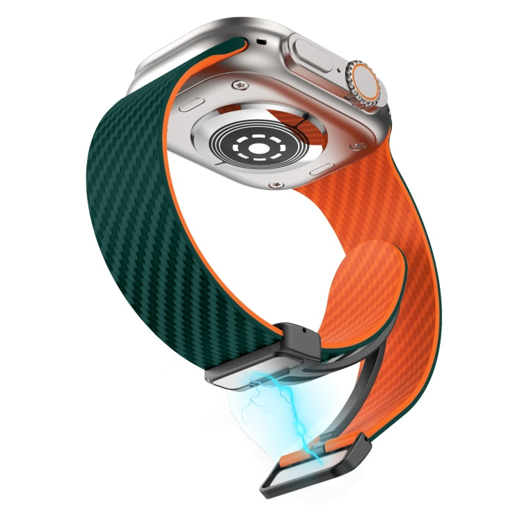 Frendorf | Für Apple Watch Series 5 44 mm Carbonfaser Magnet Schwarz Schnalle Armband (Dunkelgrün Orange)