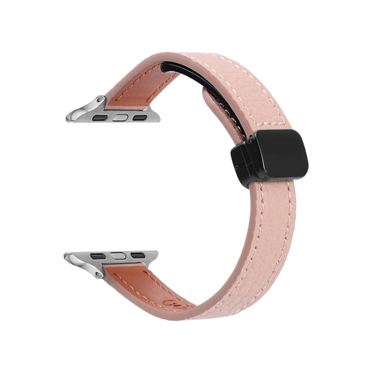 Frerndorf | Für Apple Watch Series 9 45mm Slim Magnetverschluss Echtes Leder Uhrenarmband (Litchi Pink)