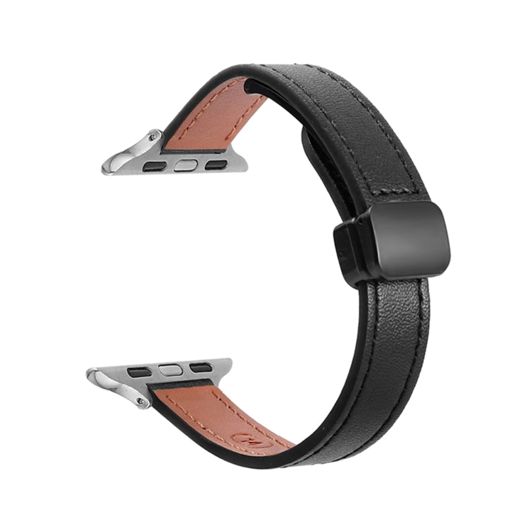Frendorf | Für Apple Watch Series 4 44mm Slim Magnetic Buckle Echtes Leder Uhrenarmband (Einfach Schwarz)