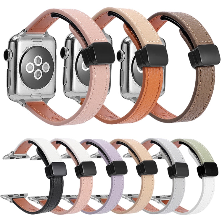 Frendorf | Für Apple Watch Series 4 40mm Slim Magnet Schnalle Echtleder Uhrband (Litchi Aprikose)