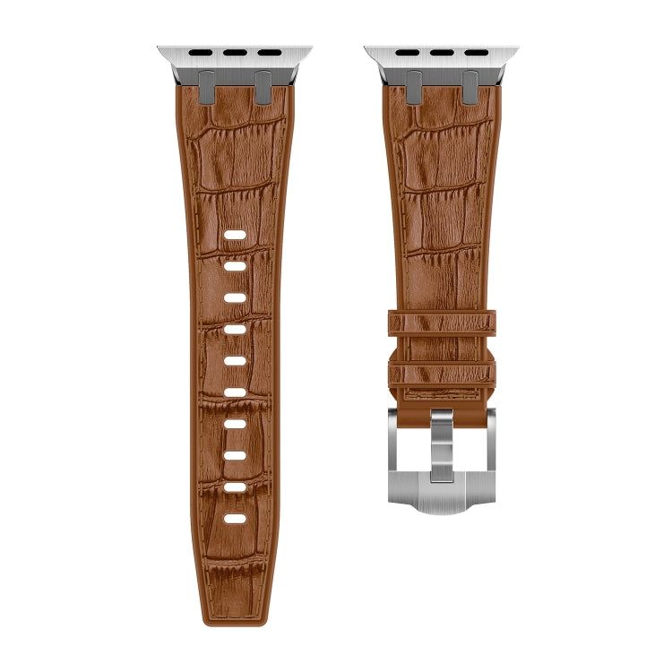 Frerndorf | Für Apple Watch Series 9 45mm Krokodilstruktur Flüssigsilikon Armband (Silber Gelb Braun)