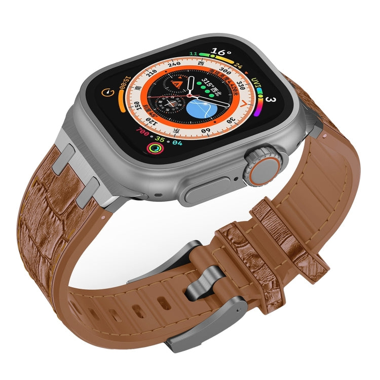 Frerndorf | Für Apple Watch Series 9 45mm Krokodilstruktur Flüssigsilikon Armband (Silber Gelb Braun)