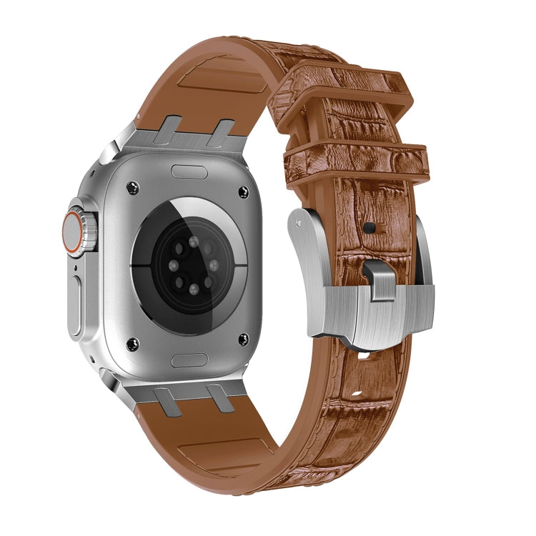 Frerndorf | Für Apple Watch Series 9 45mm Krokodilstruktur Flüssigsilikon Armband (Silber Gelb Braun)
