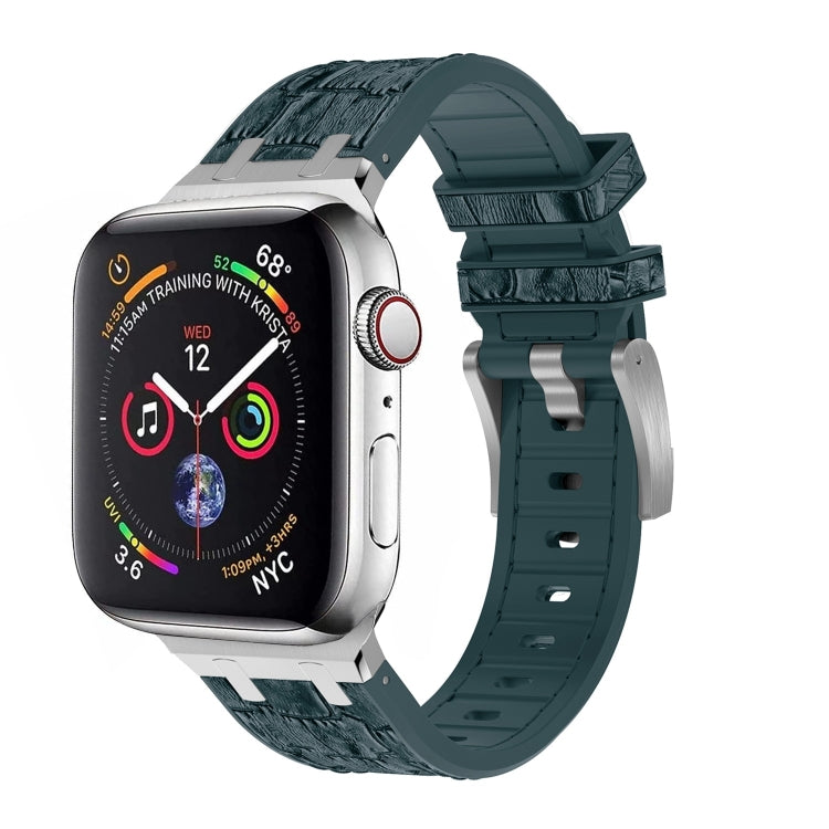 Frendorf | Für Apple Watch SE 40mm Krokodilstruktur Flüssigsilikon-Uhrenarmband (Silber Dunkelgrün)