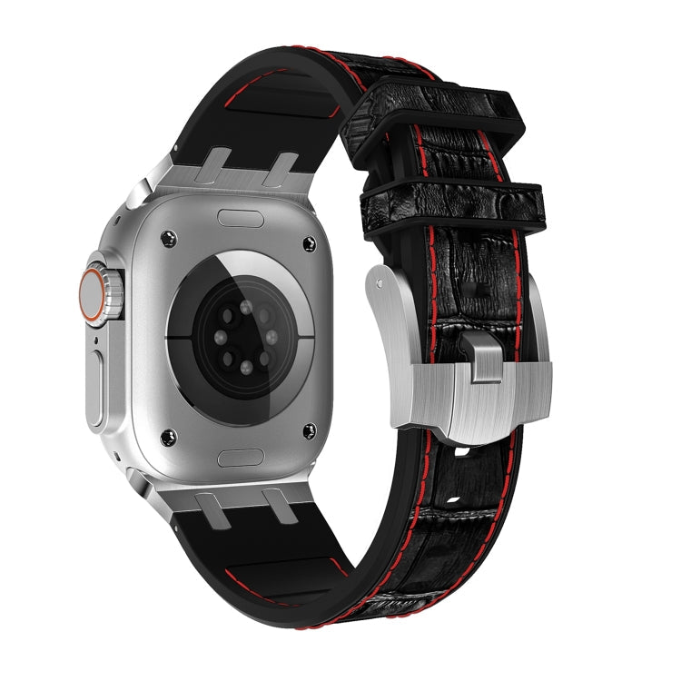 Frendorf | Für Apple Watch Series 5 40mm Krokodilleder Textur Flüssigsilikon Armband (Silber Rot Schwarz)