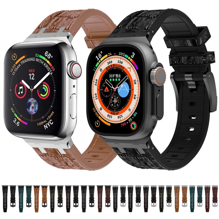 Frerndorf | Für Apple Watch Series 9 45mm Krokodilstruktur Flüssigsilikon Armband (Silber Gelb Braun)