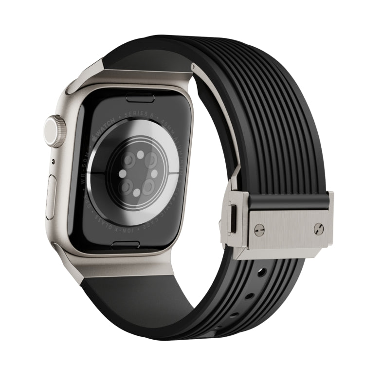 Frendorf | Für Apple Watch Series 6 44mm Vertikale Textur Titan Schnalle Elastisches Silikon Armband (Schwarz)