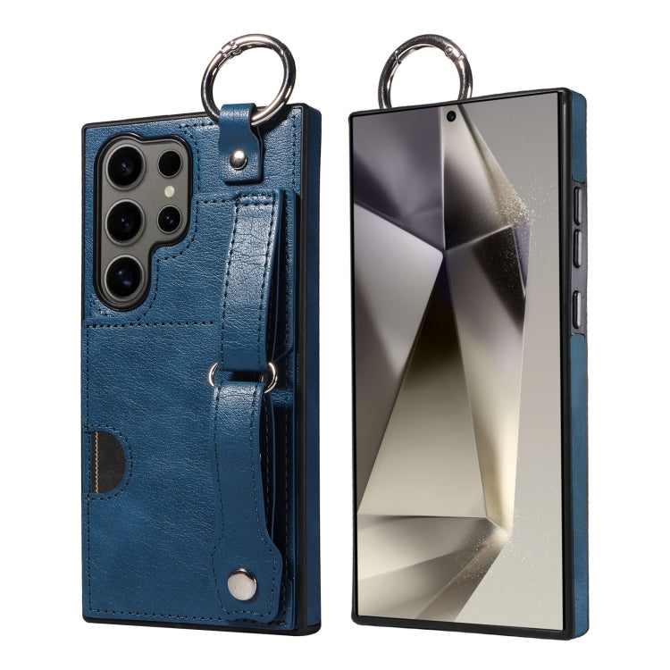 Frendorf | Für Samsung Galaxy S24 Ultra 5G Kalbleder Textur Handgelenk Karten Slot Ring Handyhülle (Blau)