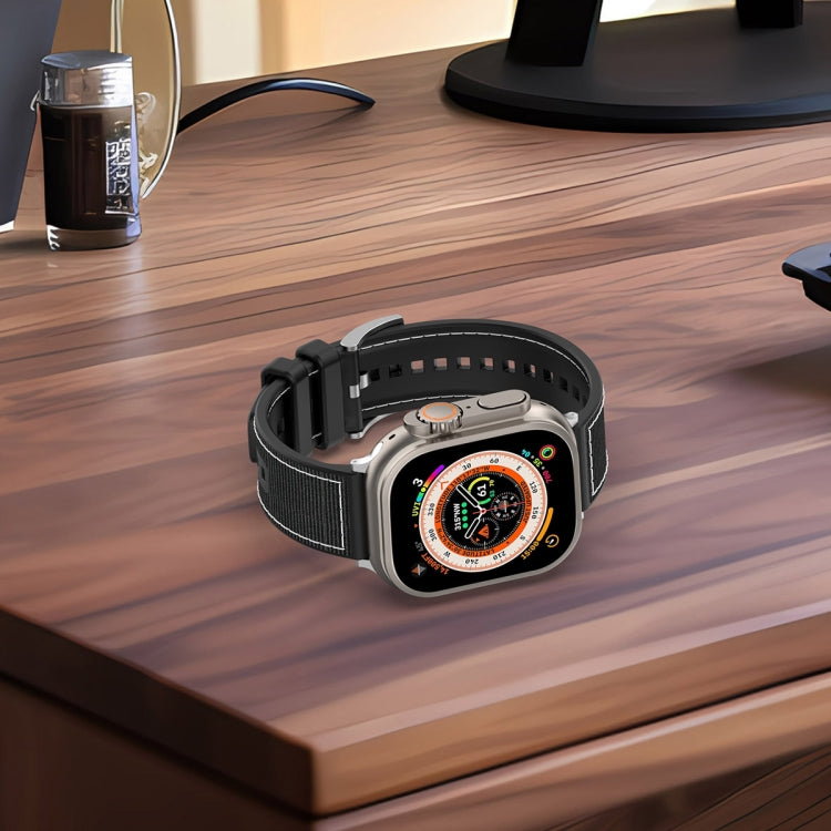 Frerndorf | Für Apple Watch Series 9 45mm Offizielles Schnallen Hybrid Nylon Geflecht Silikon Uhrenarmband (Schwarz)